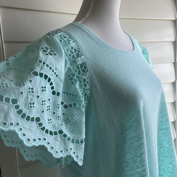 CHICO'S Teal Blue Flutter Eyelet Sleeve 100% Linen Knit Top Tee Shirt‎ Large  2 - Picture 2 of 11